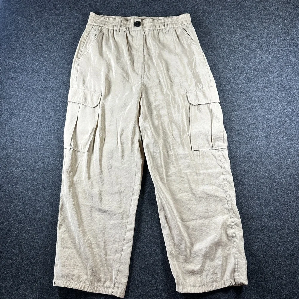 Joie Linen Blend Cargo Pants Sz LG Drawstring Beige  Cargo Pockets Elastic Waist